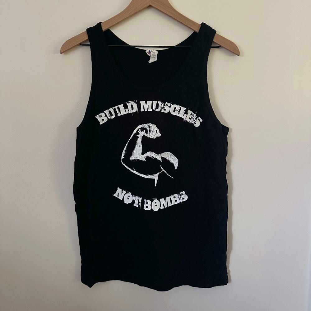 Graphic Tank Build Muscles Not Bombs Black and White